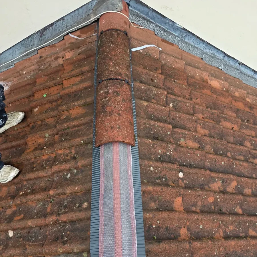 Metal strip positioned along an external brick wall corner