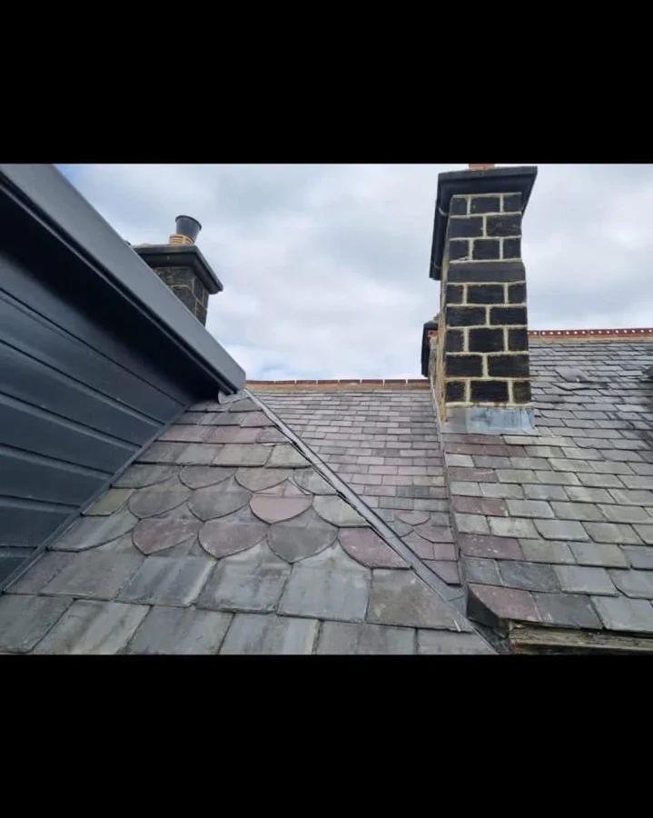 Slate roof and chimney viewed along the slope