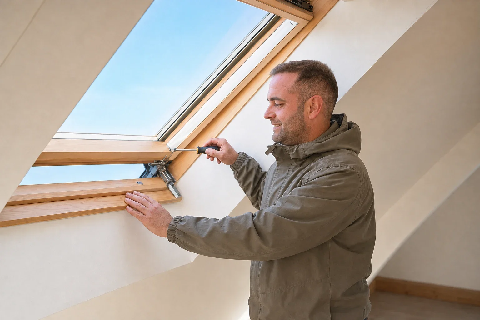 Illustration of Francis adjusting a roof window by New Look Building Services