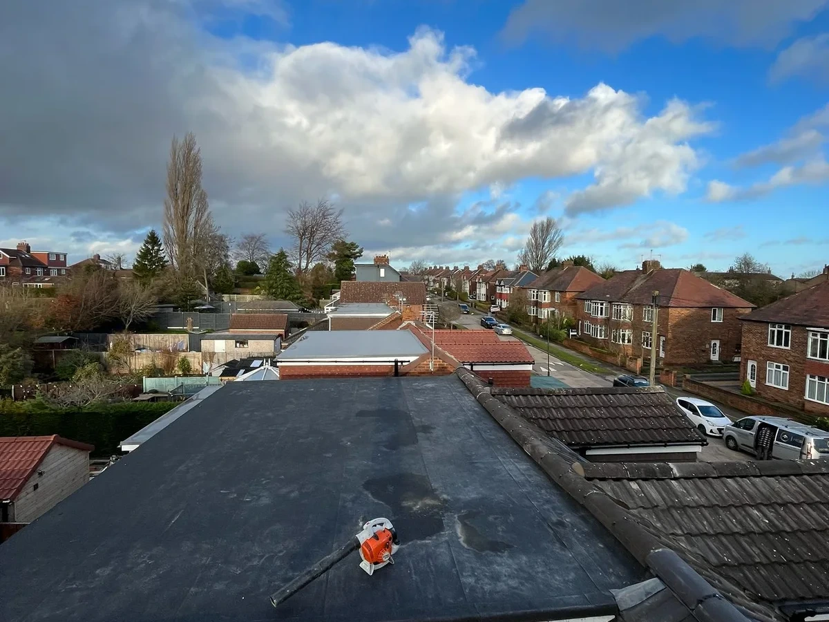 Full length of a flat roof above neighbouring gardens