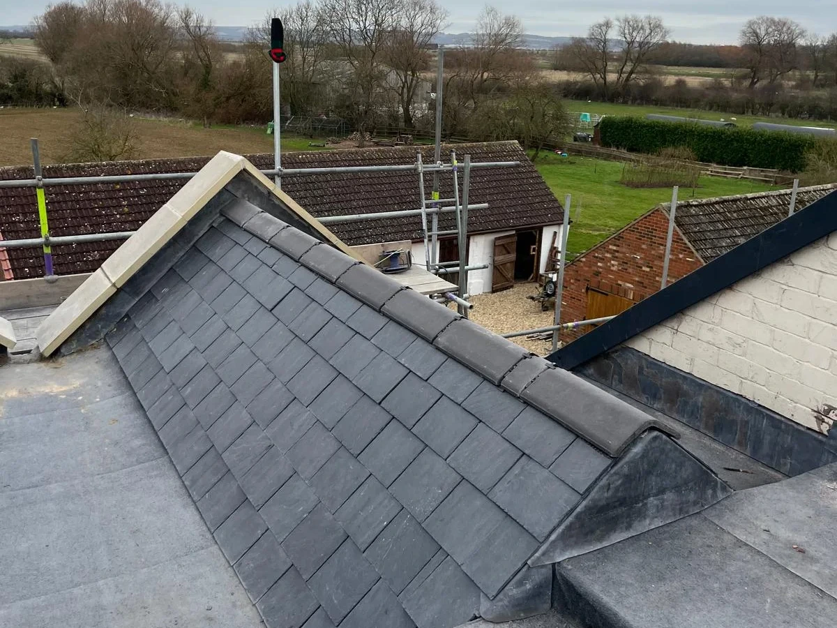 Slate gable and roof valley from the scaffold