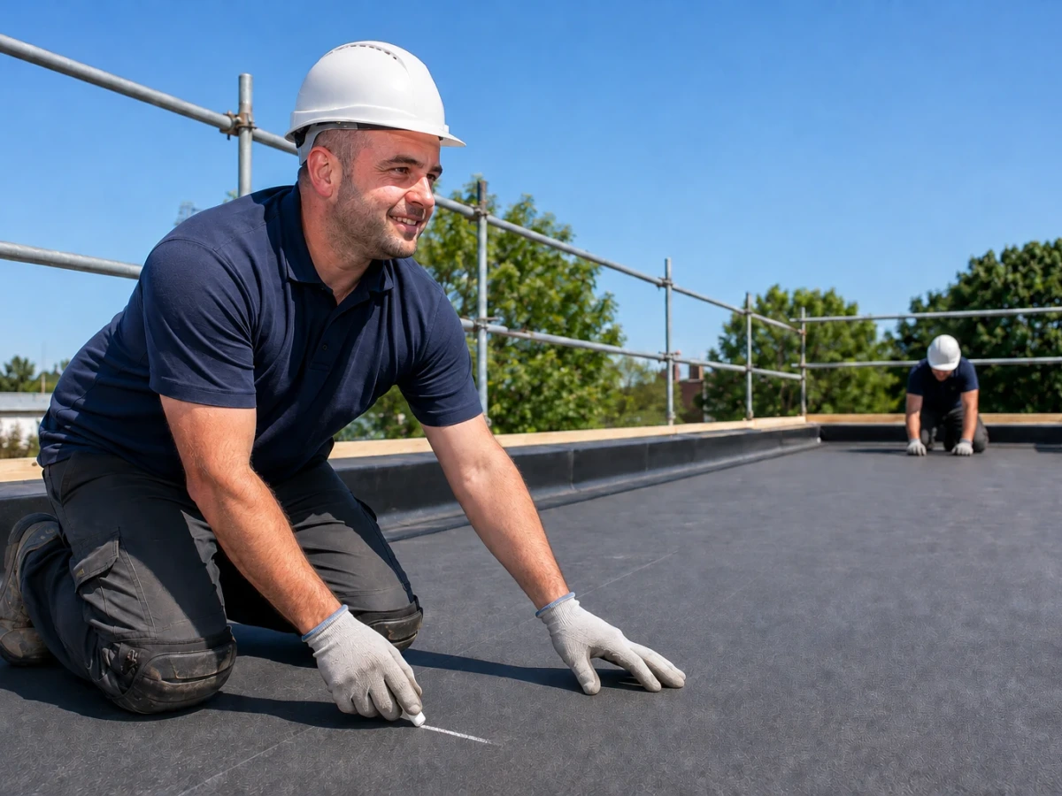 Illustration of Francis marking flat-roof membrane with a helper by New Look Building Services