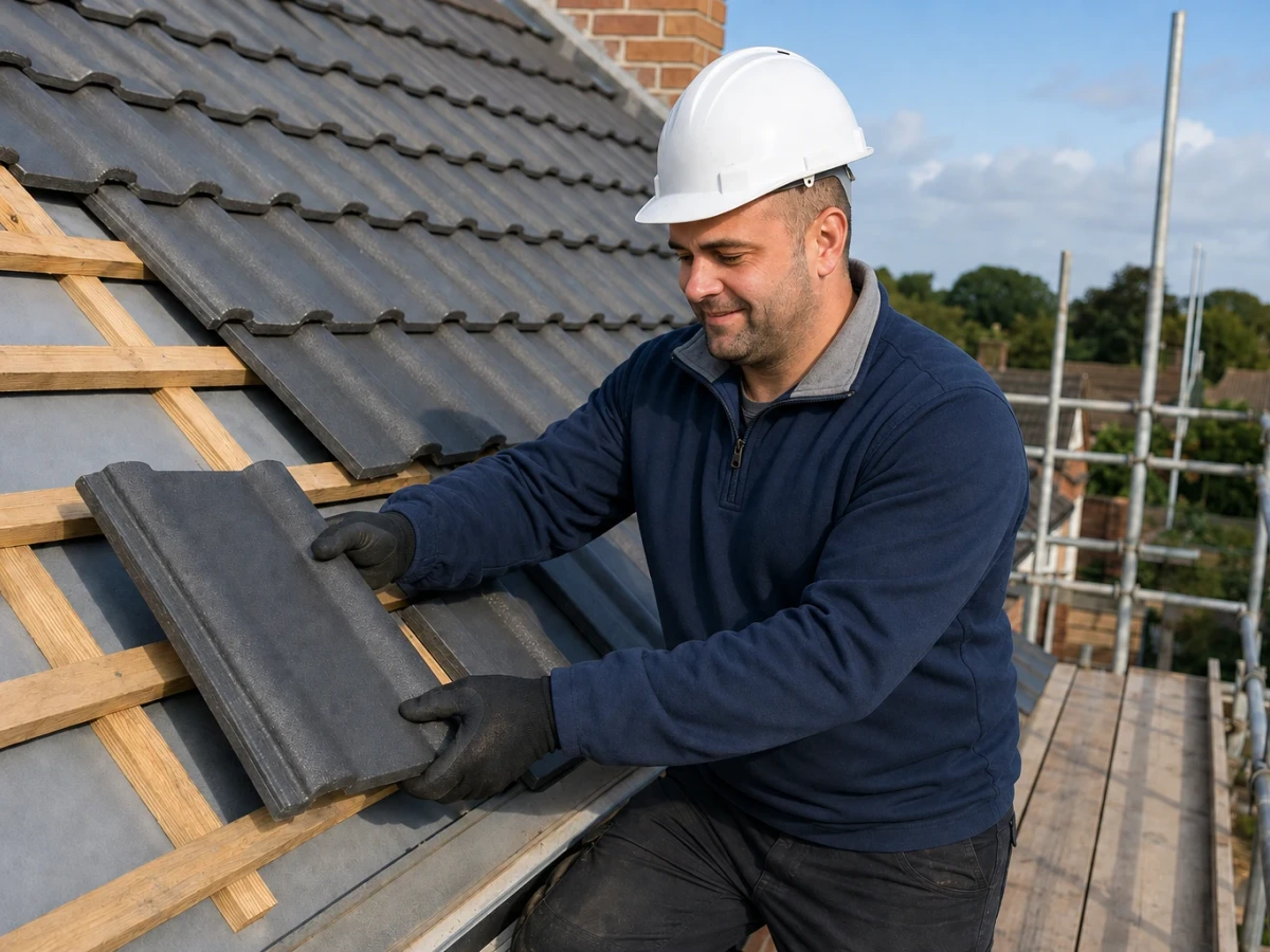 Illustration of Francis positioning a new roof tile by New Look Building Services
