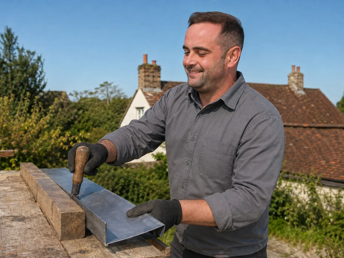 Illustration of Francis preparing lead flashing by New Look Building Services
