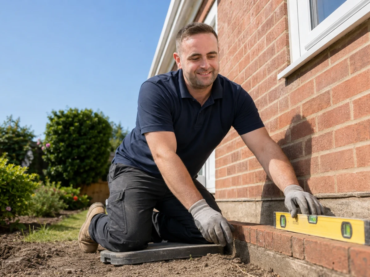 Illustration of Francis checking masonry during a building repair