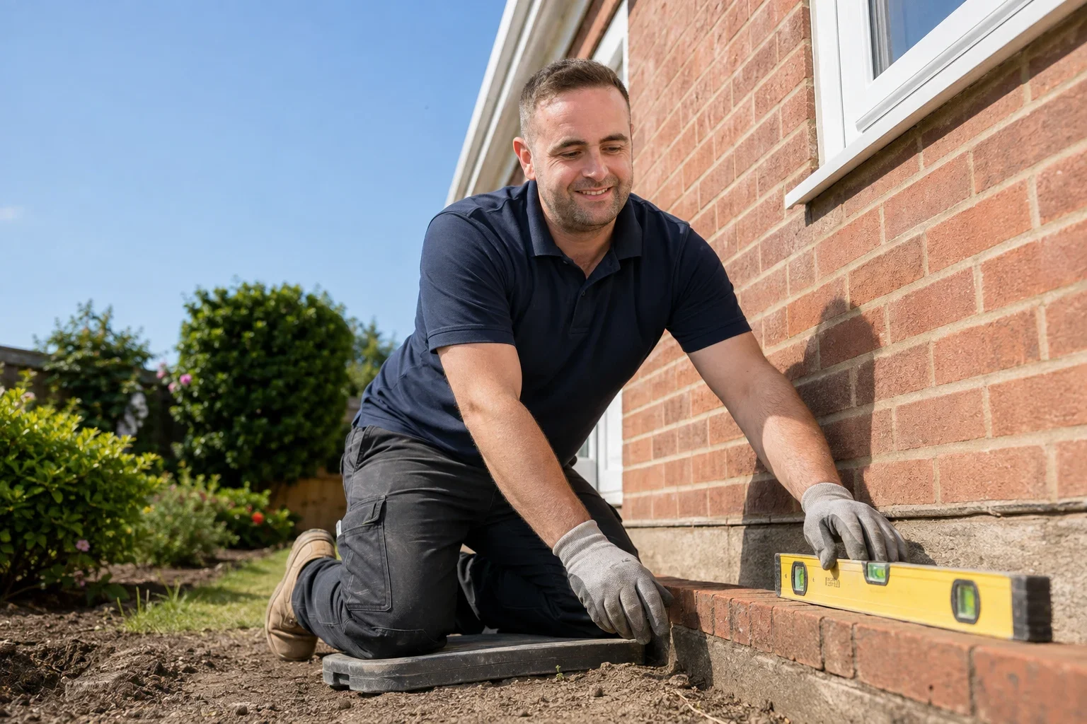 Illustration of Francis checking masonry during a building repair by New Look Building Services