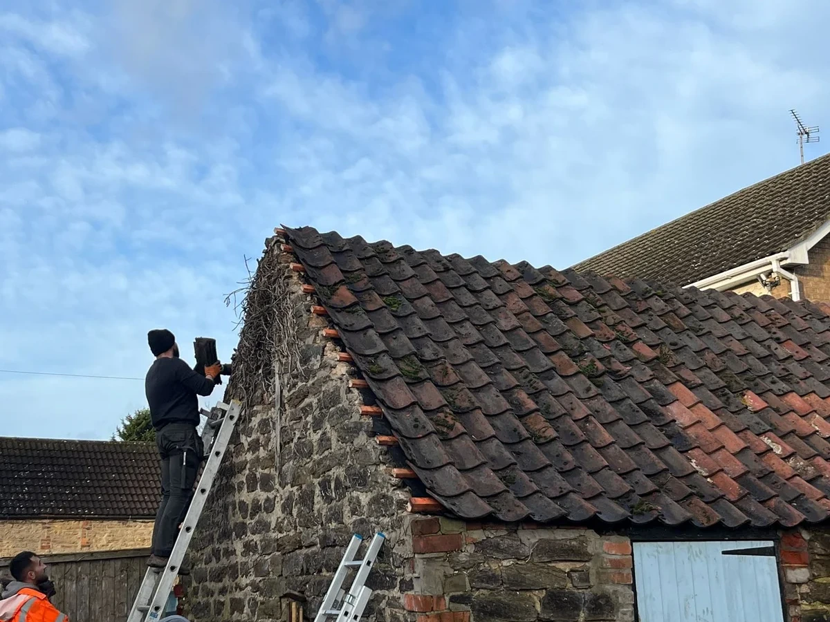 Older tiled roof on a brick outbuilding