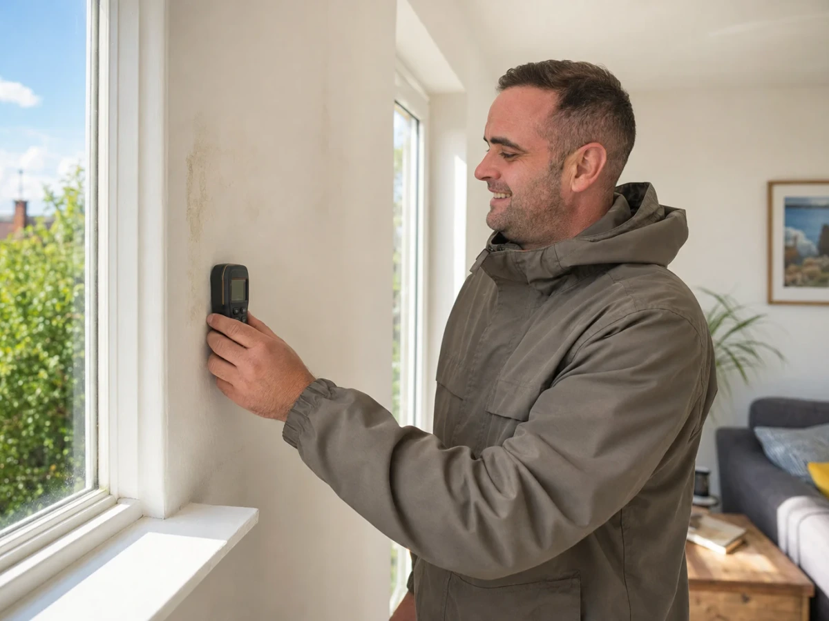 Illustration of Francis checking a wall for damp