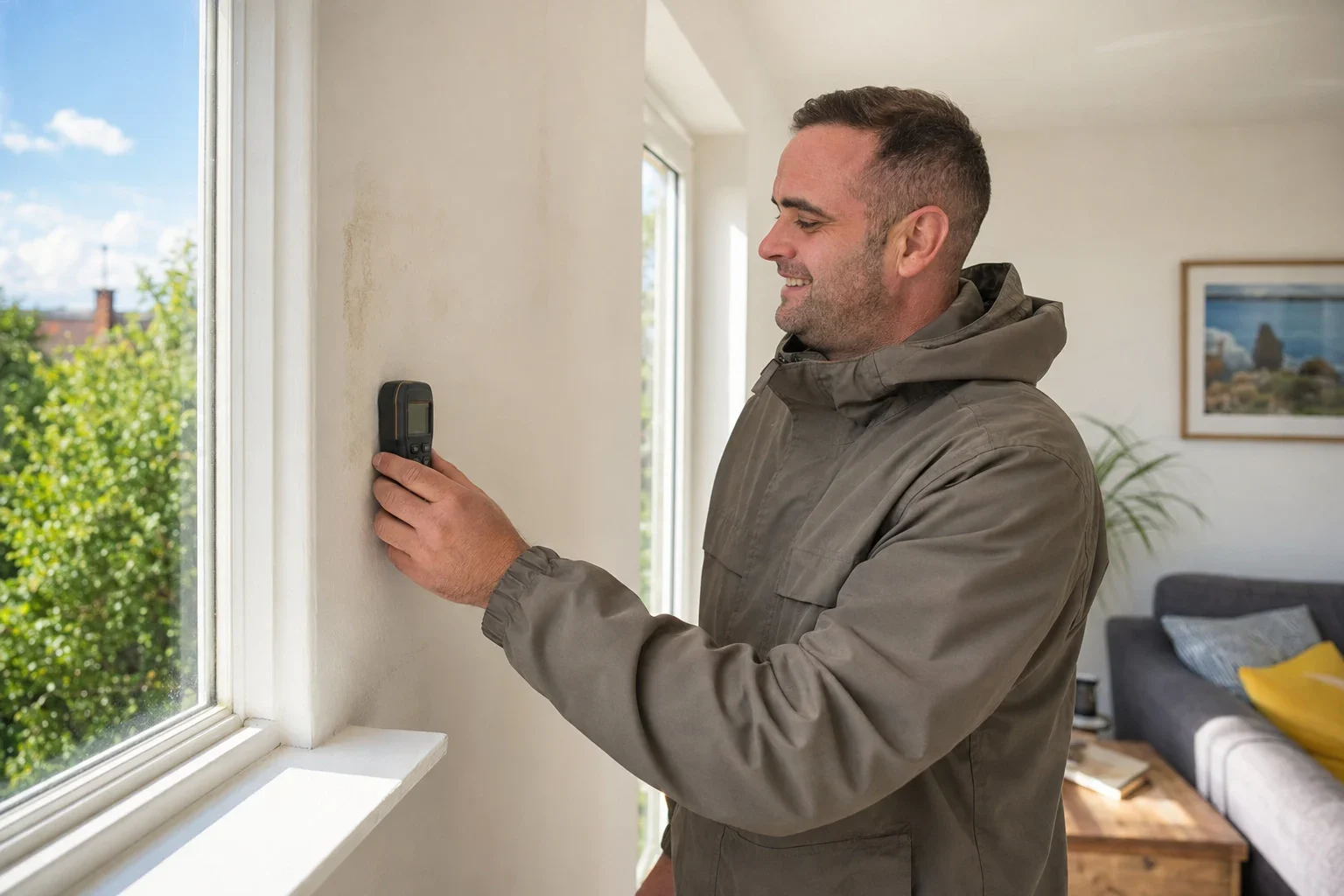 Illustration of Francis checking a wall for damp by New Look Building Services