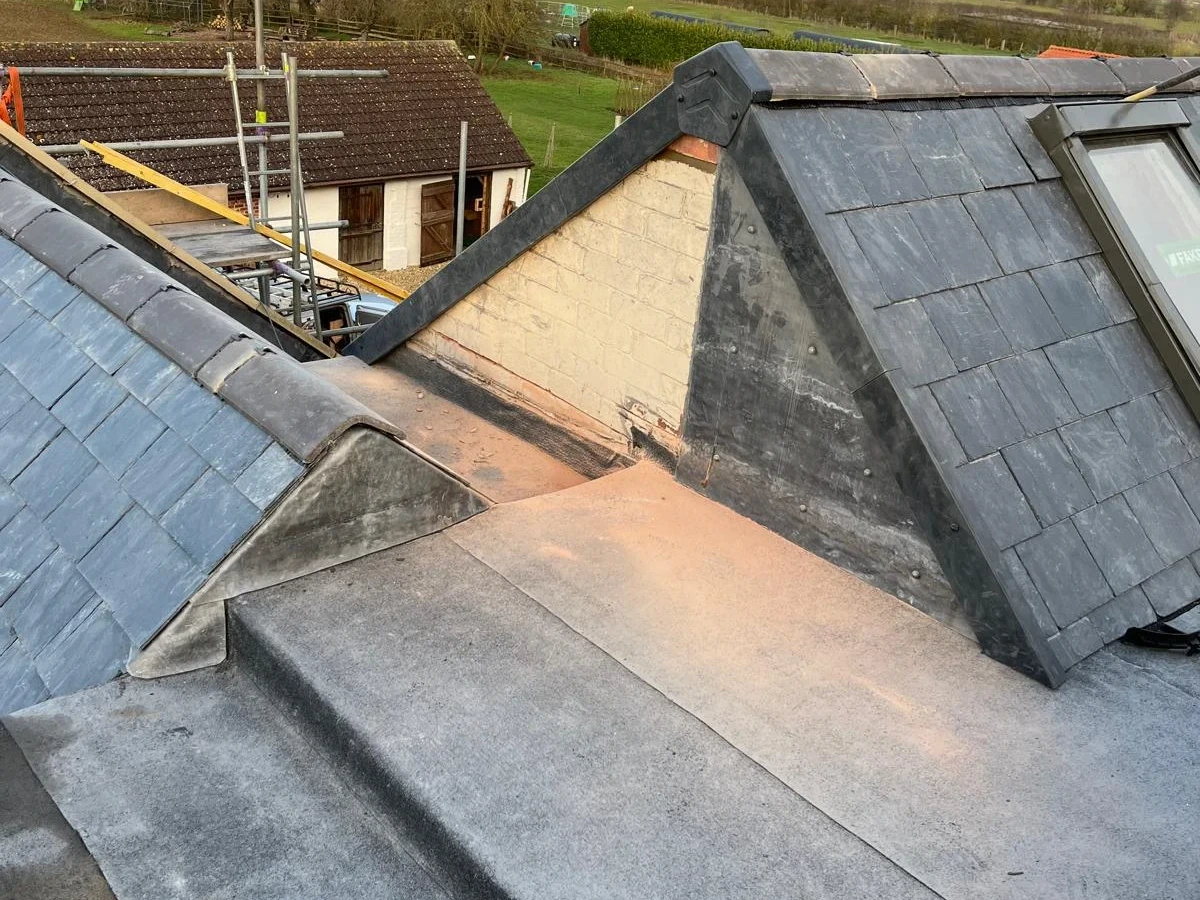 Wide view of the roof valley and small gable