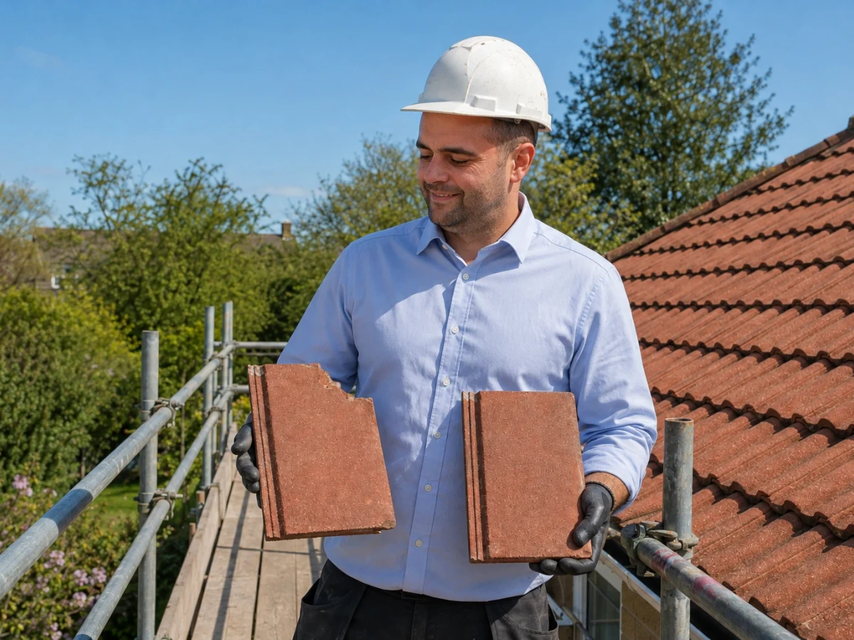 Illustration of Francis checking tiles for a roof repair by New Look Building Services